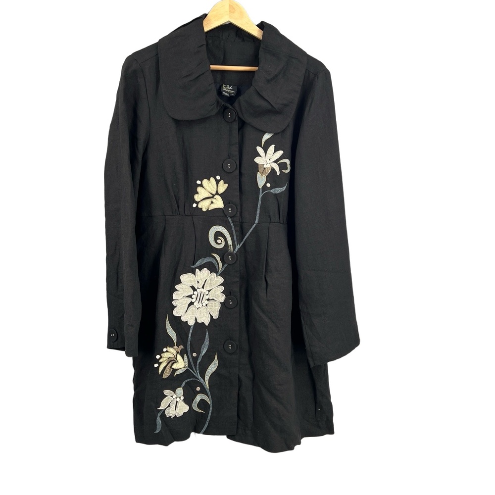 Covelo Jacket Linen Black Floral Embroidery 5 Button Peter Pan‎ Collar Size 10